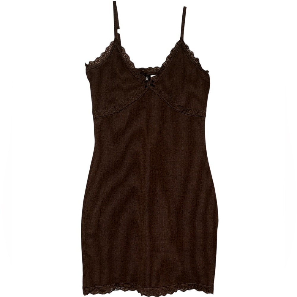 Chocolate Brown Lace Trim Ribbed Dress | medium